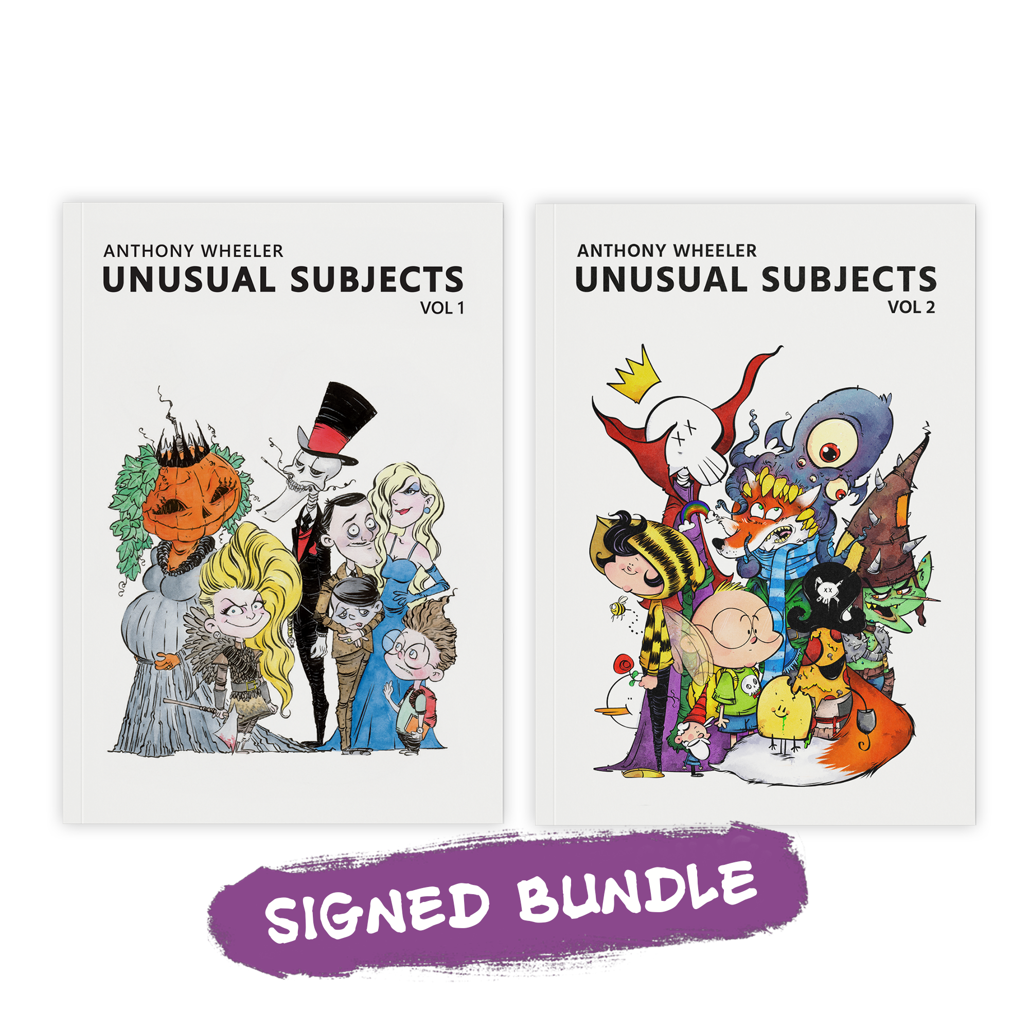 Unusual Subjects Vol. 1 and Vol. 2 art book bundle by Anthony Wheeler shown side by side with illustrated character cover art.