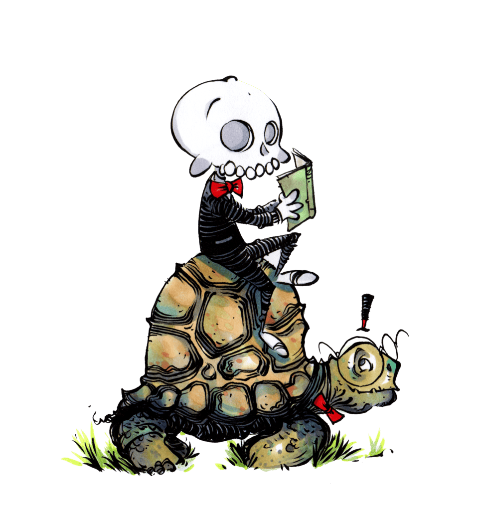 Whimsical illustration of a skeleton wearing a red bowtie, sitting on a large tortoise and reading a book, with grass and details of the tortoise’s textured shell.