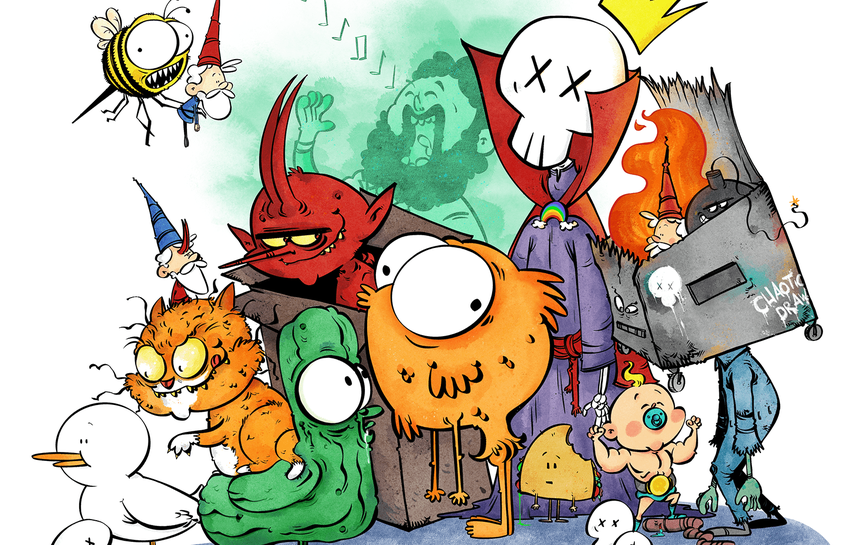 Colorful Chaotic Draw Along cartoon characters gathered together in a playful community illustration with monsters, doodles, and whimsical creatures.