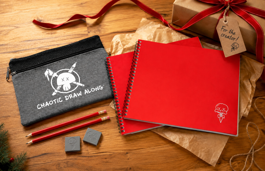 Chaotic Draw Along red sketchbooks, gray pencil pouch, plain red pencils, erasers, gift wrap, and ribbon arranged as a creative gift on a wooden table.
