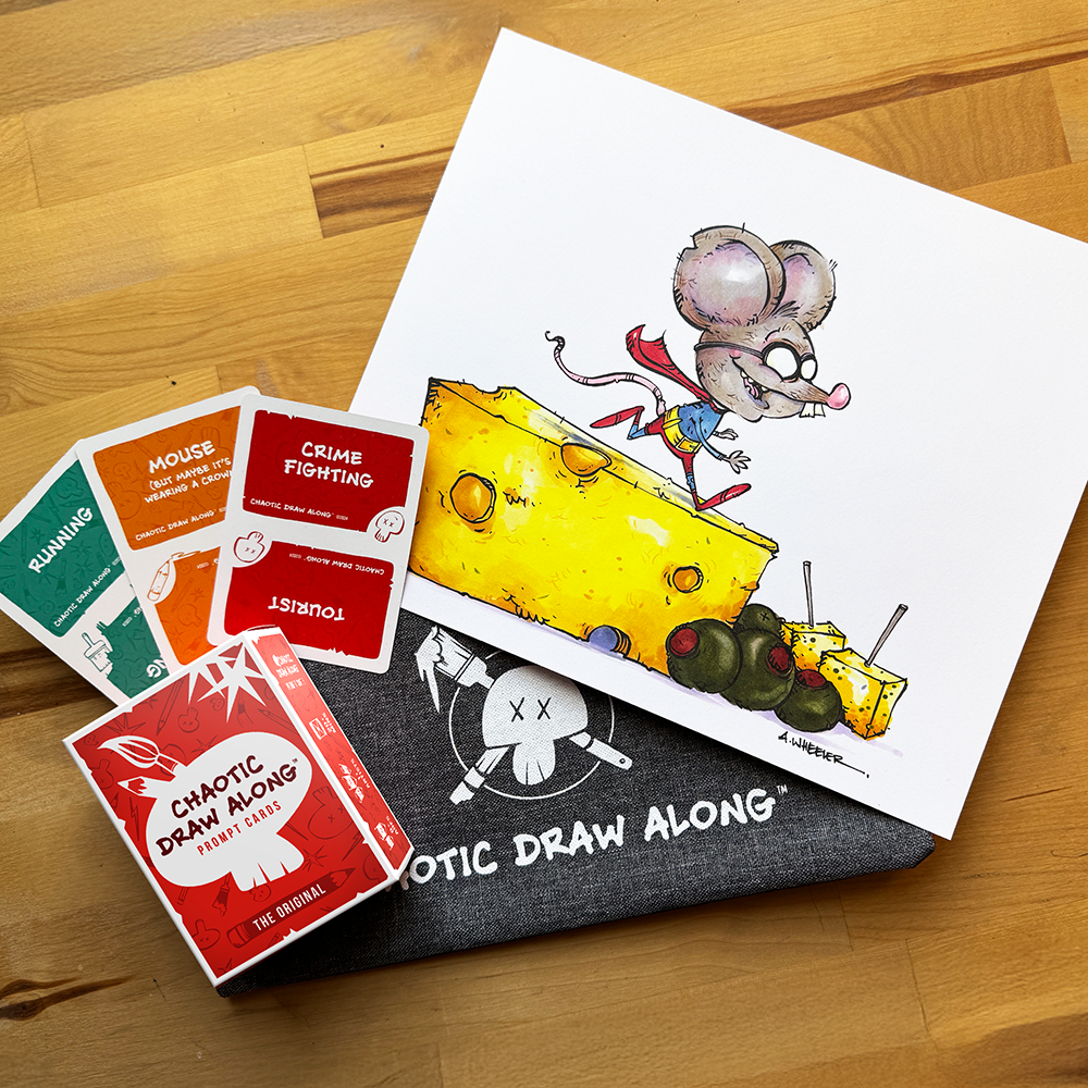 Chaotic Draw Along bundle with prompt cards, booster cards, branded pencil case, and a finished mouse illustration on a wooden table.