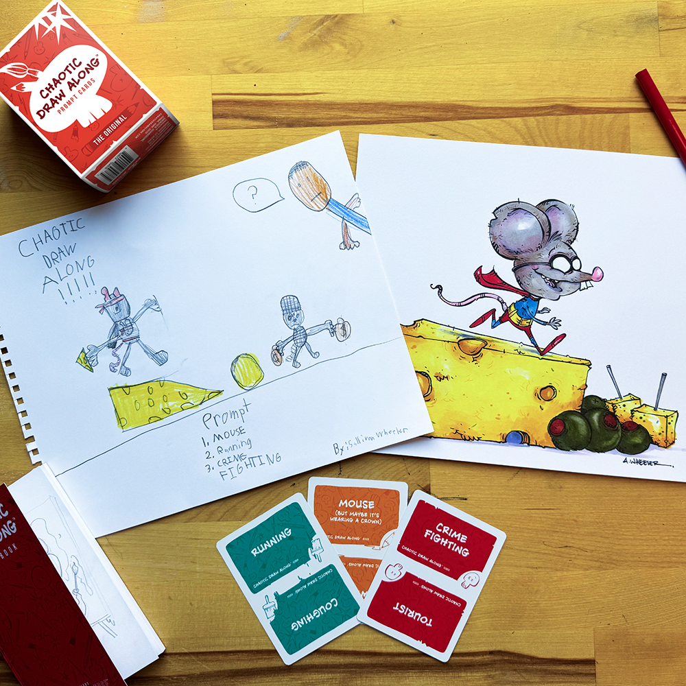Chaotic Draw Along prompt cards beside a sketchbook drawing and finished mouse illustration on a wooden table, showing a creative drawing activity in progress.