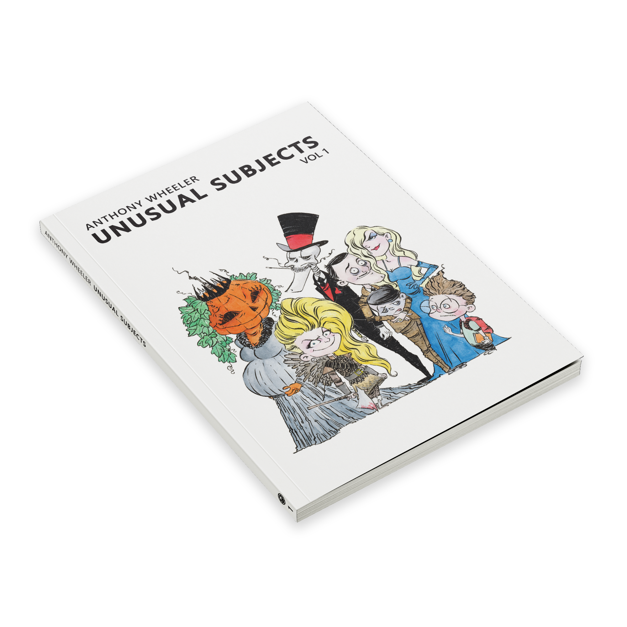 Angled view of Unusual Subjects Vol. 1 art book by Anthony Wheeler featuring colorful illustrated characters on the cover.
