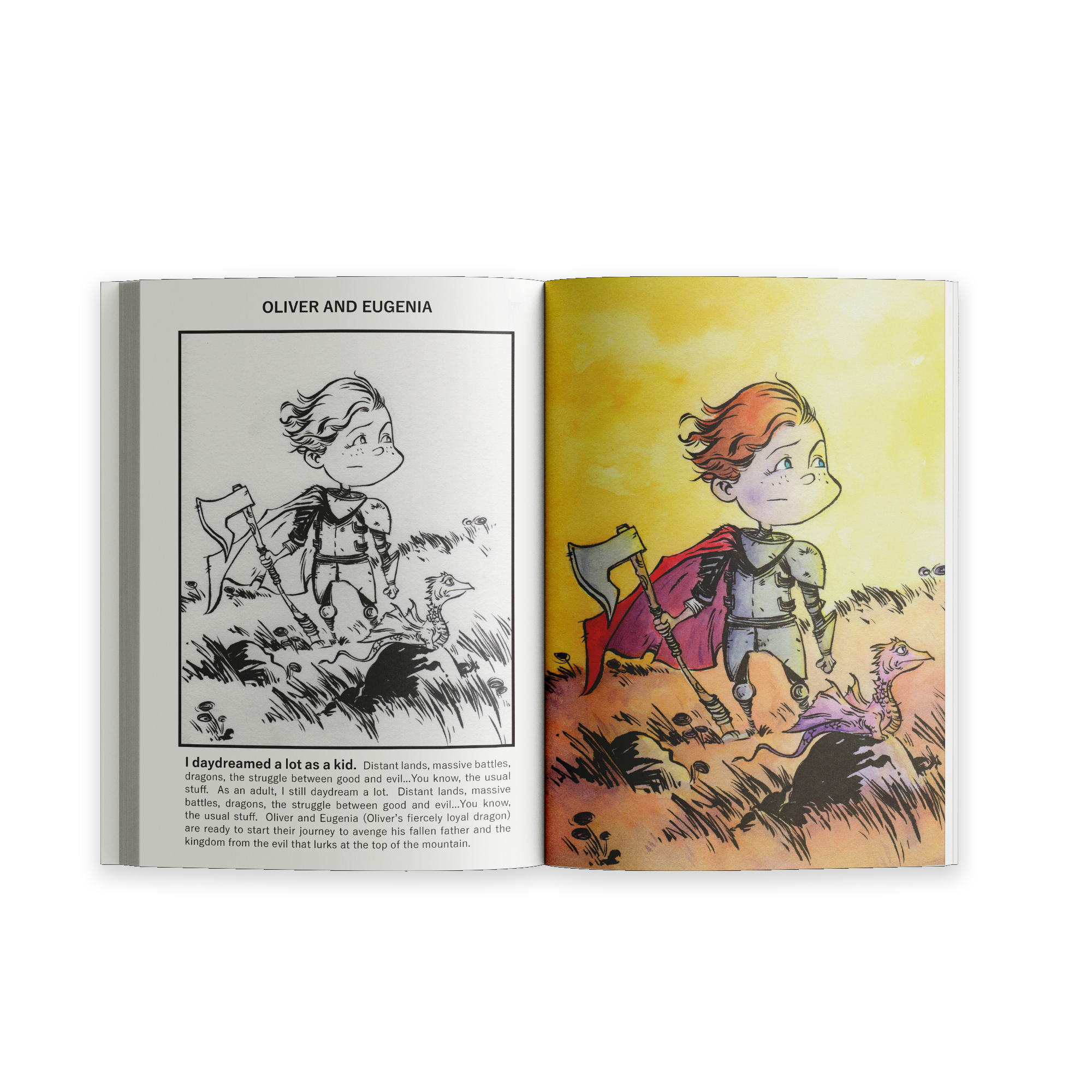 Open spread from Unusual Subjects Vol. 1 featuring "Oliver and Eugenia" with sketches, watercolor artwork, and artist commentary.