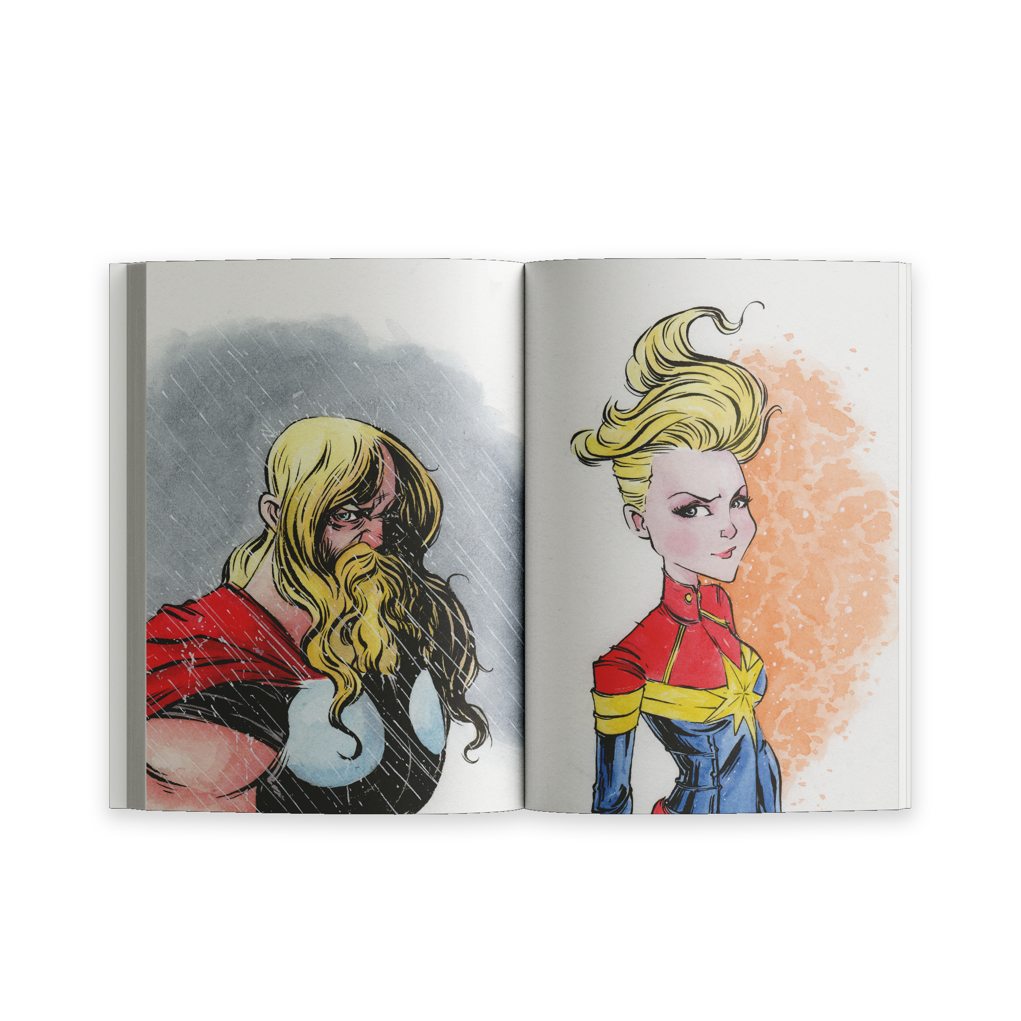 Open spread from Unusual Subjects Vol. 1 featuring stylized illustrations inspired by Thor and Captain Marvel.