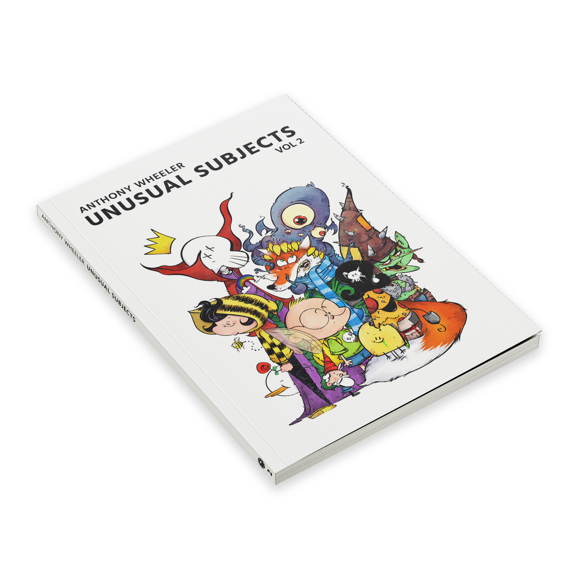 Angled view of “Unusual Subjects Vol. 2” art book with a group of colorful characters on the cover.