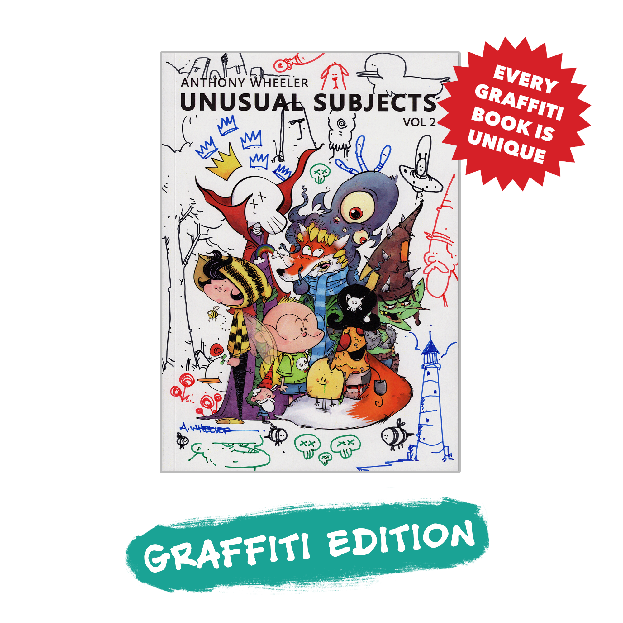 Unusual Subjects Vol. 2 Graffiti Edition artbook cover with colorful character artwork, hand-drawn doodles, and a badge reading “Every Graffiti Book Is Unique.”