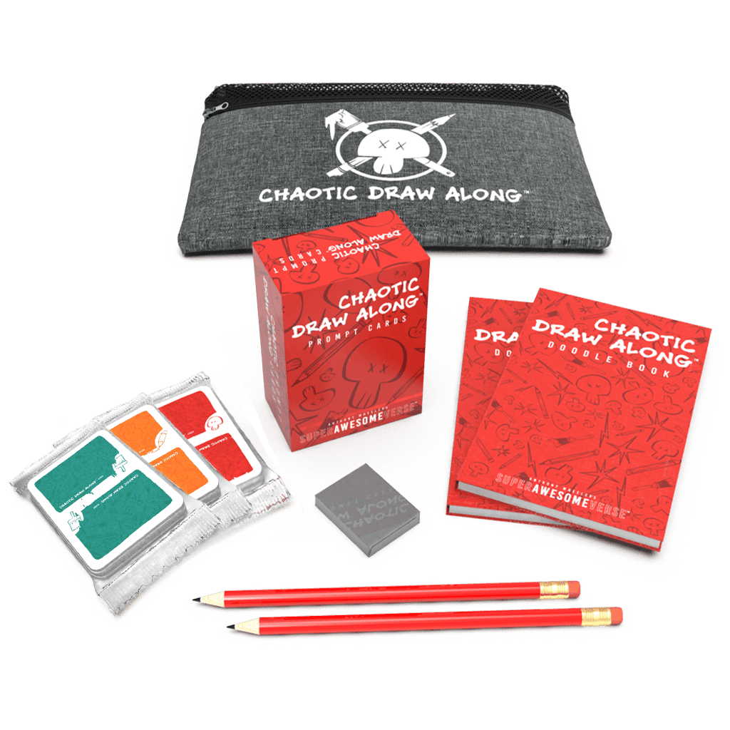 Chaotic Draw Along Everything You Need Bundle featuring a gray pencil pouch with the Chaotic Draw Along logo, red prompt cards, two red doodle books with playful sketch designs on the covers, an eraser, two red pencils, and card packs with orange, green and red creative prompts.