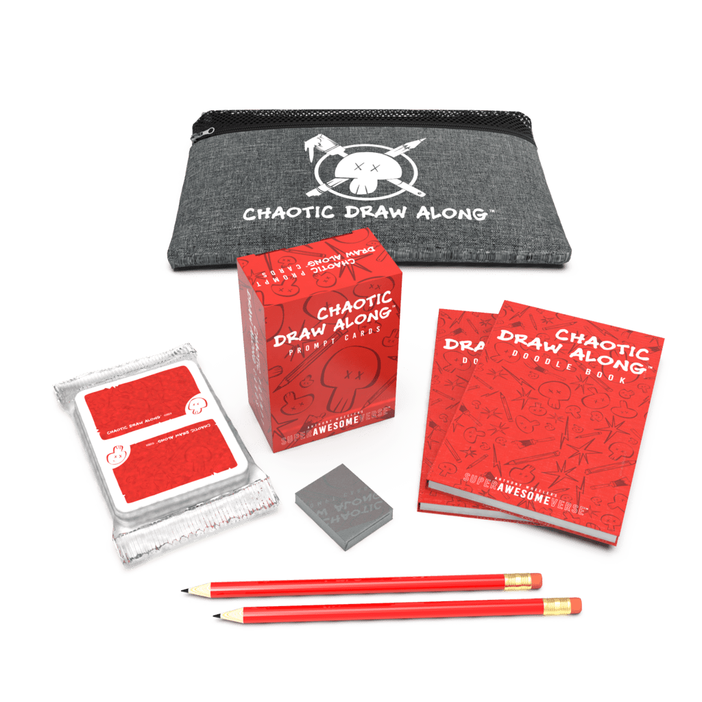 Everything You Need bundle featuring a Chaotic Draw Along branded gray pouch, red prompt cards, doodle books, booster cards, pencils, and an eraser, arranged in a creative and organized layout.