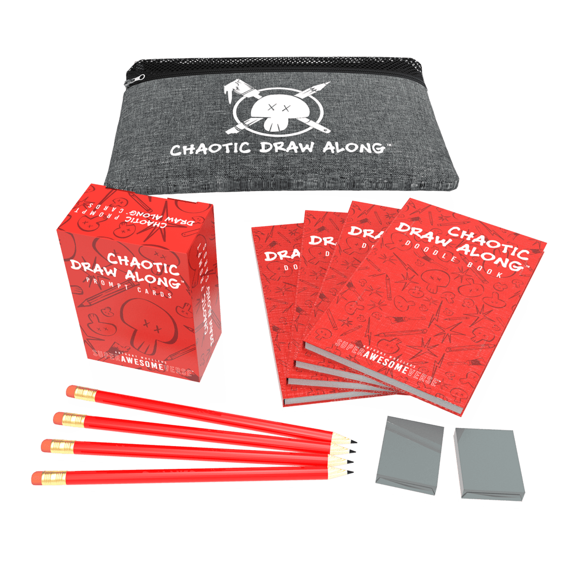 Chaotic Draw Along Holiday Game Night Bundle featuring a gray pencil pouch with the Chaotic Draw Along logo, a set of red prompt cards, four red doodle books with playful sketch designs on the covers, four red pencils, and two erasers.