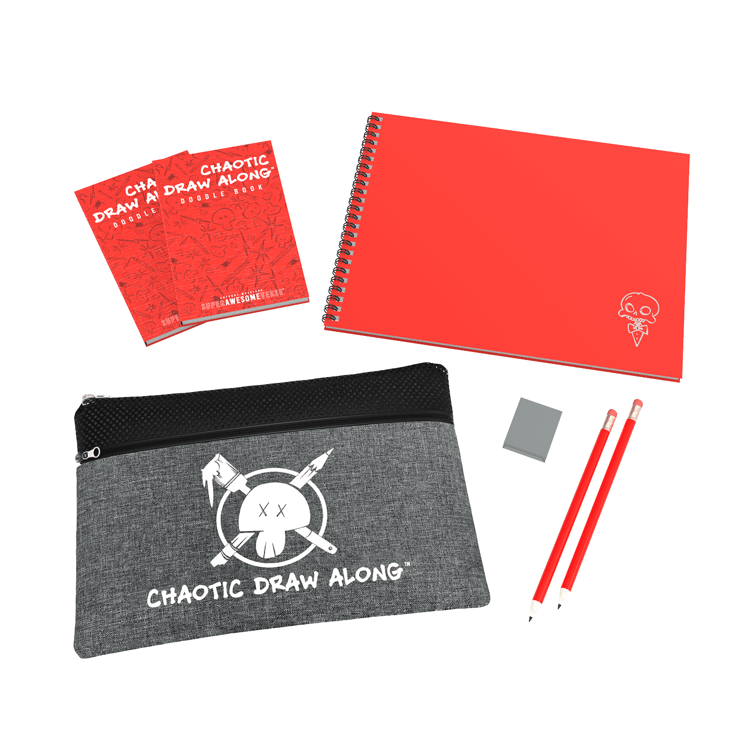 Chaotic Draw Along Supply Drop Bundle featuring a gray pencil pouch with the Chaotic Draw Along logo, a red spiral-bound sketchbook with a skull ice cream design, two red pencils, an eraser, and two red doodle books with playful sketch designs on the covers.