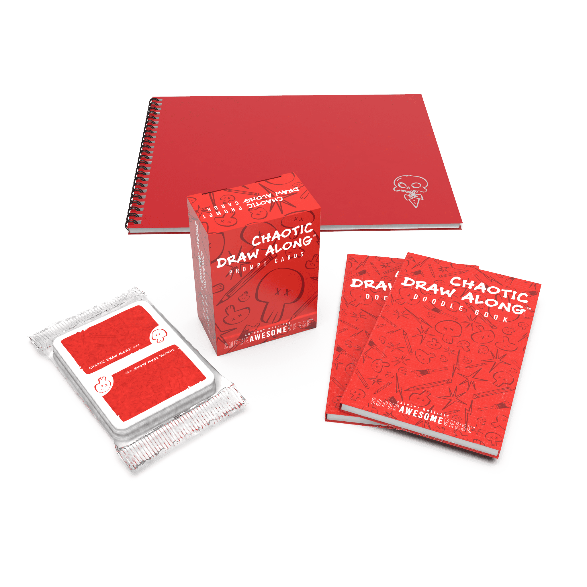 Chaos Pack bundle featuring a red spiral sketchbook, Chaotic Draw Along prompt cards, doodle books, and booster cards, arranged neatly in an inviting display.