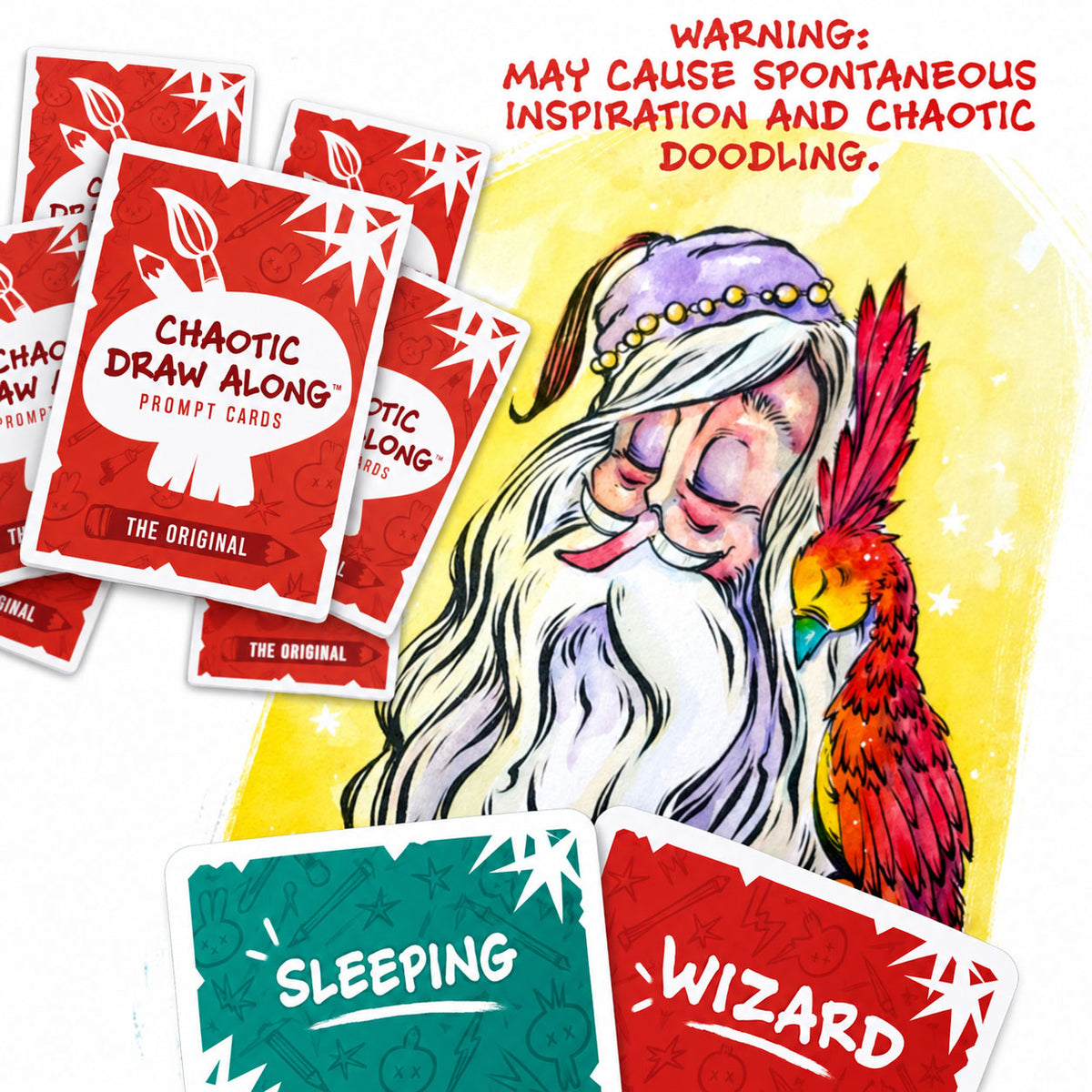 A dreamy illustration of a sleeping wizard with a red parrot, surrounded by red Chaos cards and prompt cards labeled “Sleeping” and “Wizard,” alongside a warning about spontaneous inspiration and doodling.
