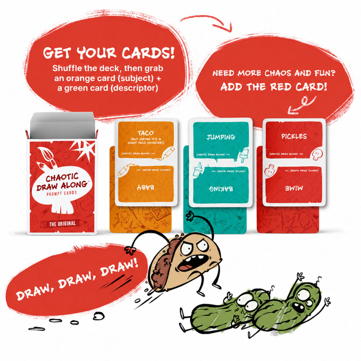 A visual guide for playing Chaotic Draw Along showing a red deck box, sample cards (Taco, Baby, Jumping, Barking, Pickles, Mine), and playful illustrations of a running taco and fleeing pickles; text bubbles explain how to draw cards and add chaos.