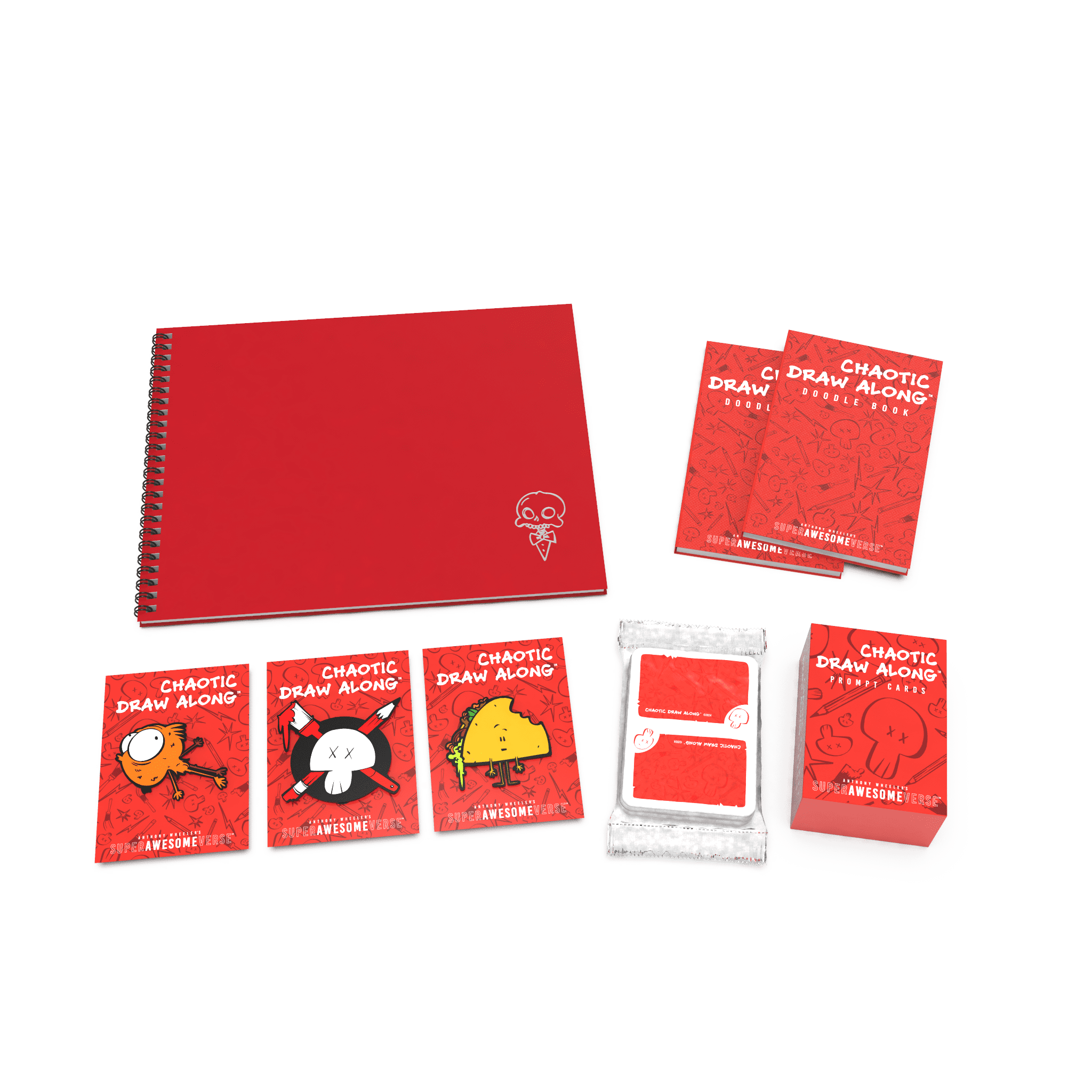 Deluxe Chaos Pack featuring a red sketchbook, Chaotic Draw Along doodle books, prompt cards, booster cards, and character cards, displayed together in a bundle format.