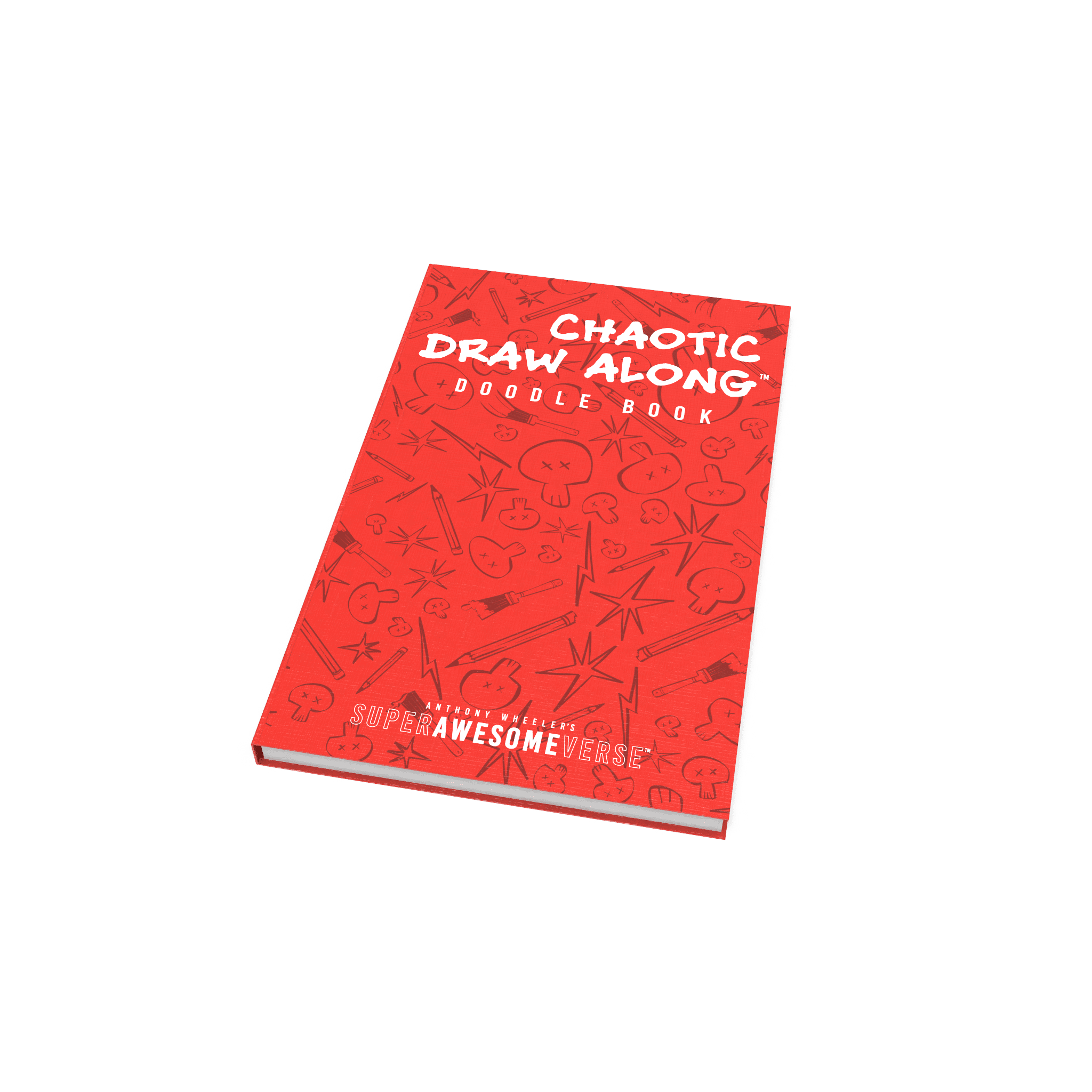 Chaotic Draw Along Doodle Book featuring a red cover with playful illustrations and branding.