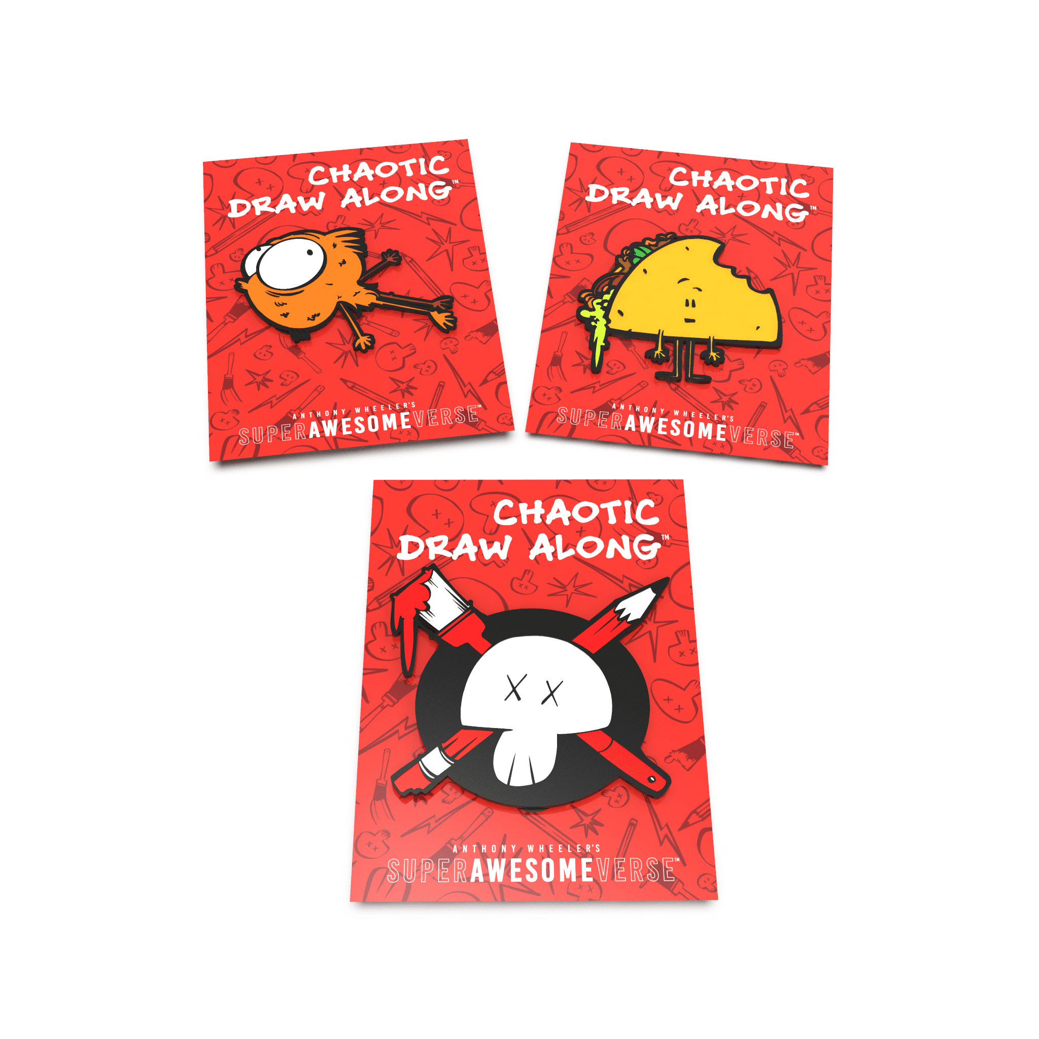 A set of three "Chaotic Draw Along" enamel pins, each on a red card with unique illustrations – a fish, a taco, and a skull crossed with art tools.
