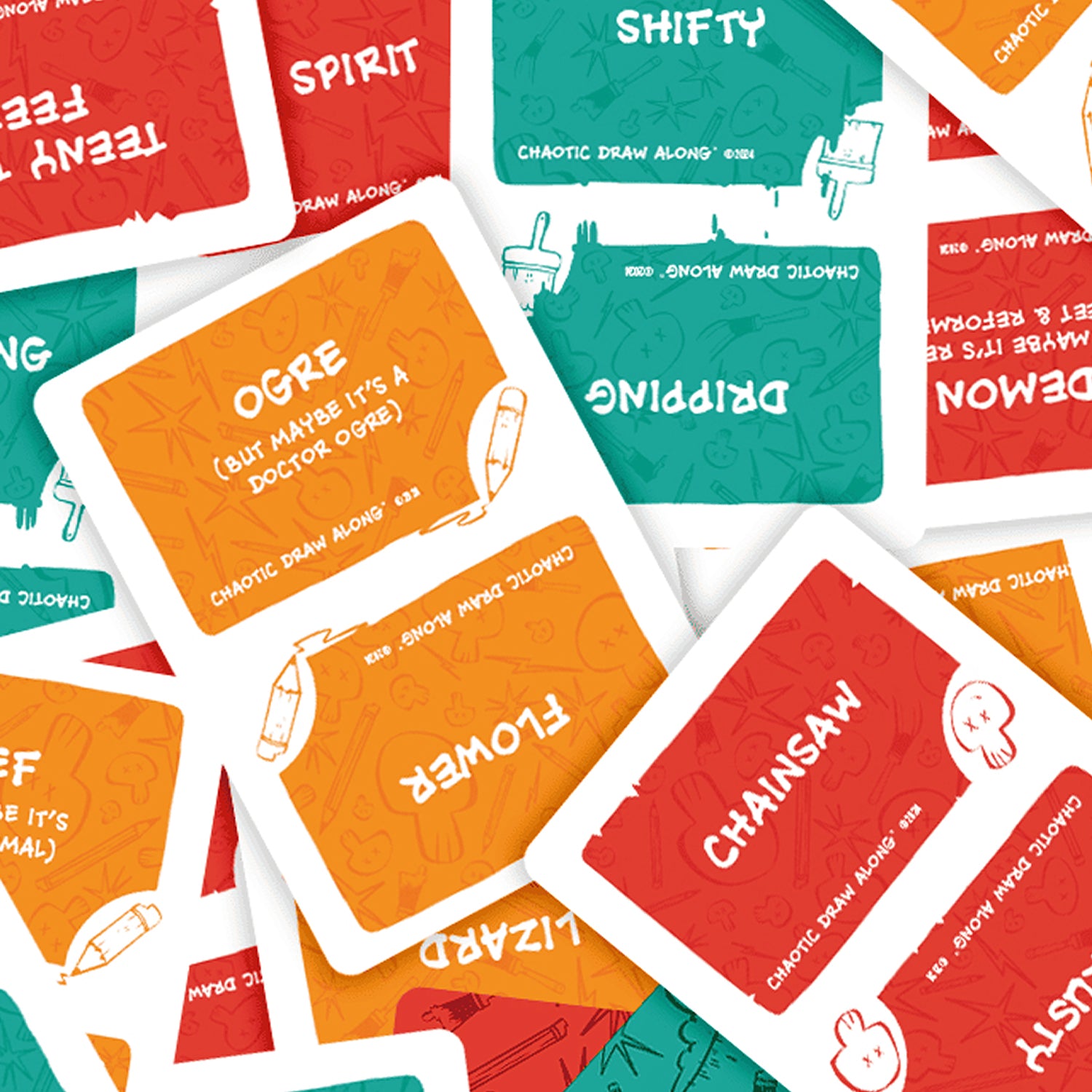 Chaotic Draw Along prompt cards scattered in a playful arrangement, featuring colorful drawing prompts like Chainsaw, Ogre, and Dripping.