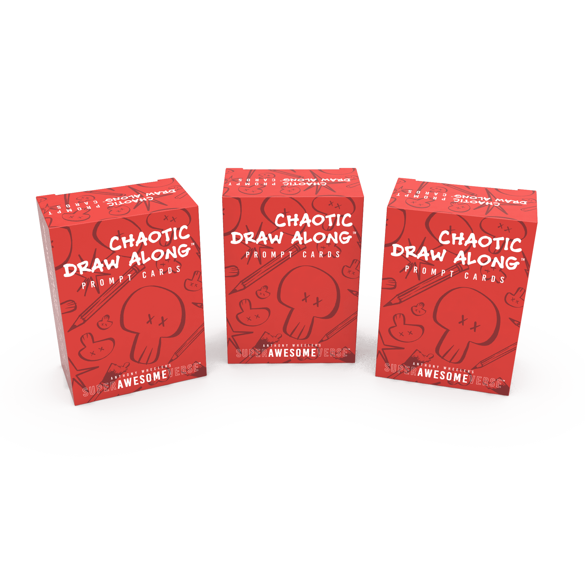 Three Prompt Card Boxes: Three red boxes of the "Chaotic Draw Along Prompt Cards" featuring a bold, playful design with illustrations of skulls and doodles.