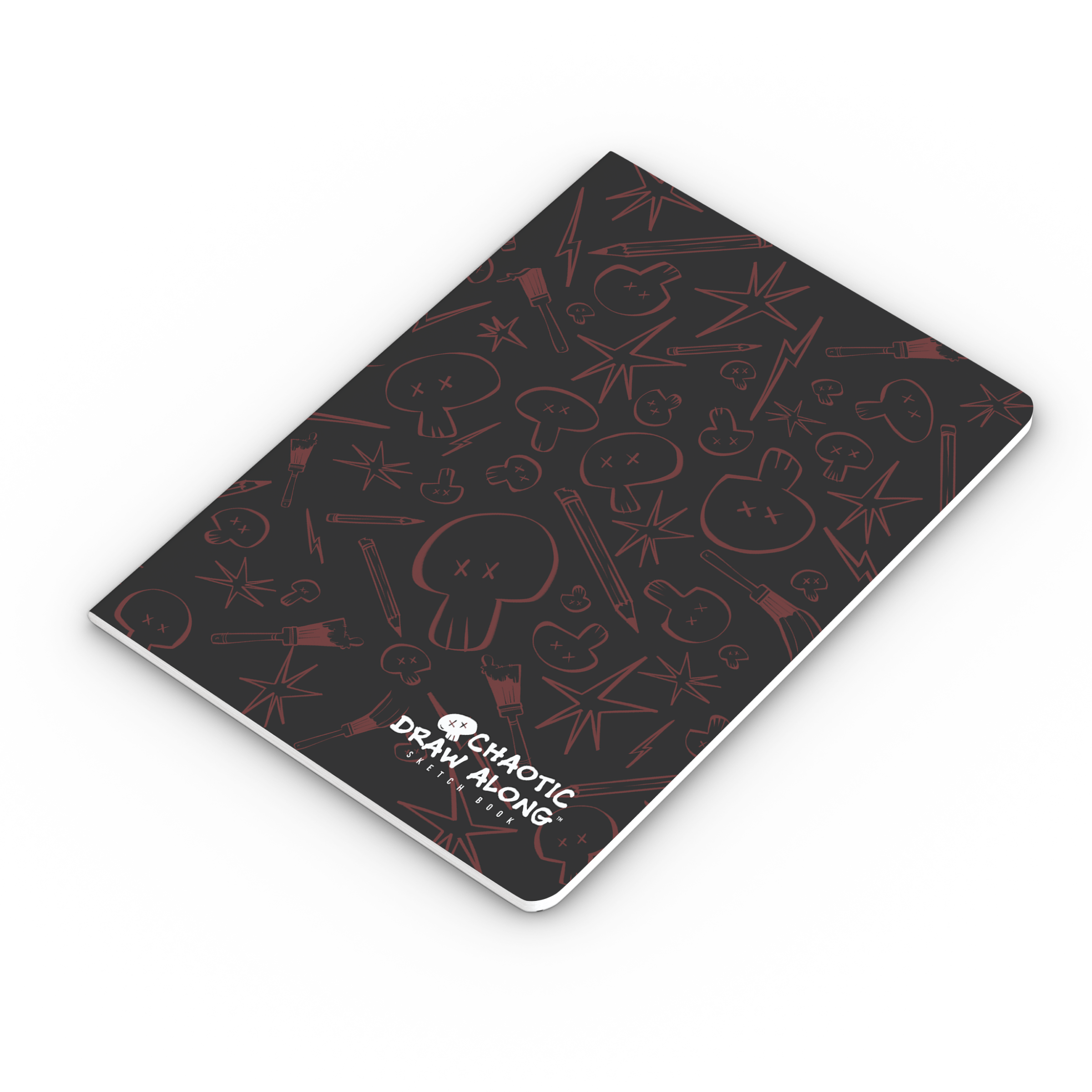 Angled front view of the black Chaotic Draw Along Sketchbook with red chaotic icons.