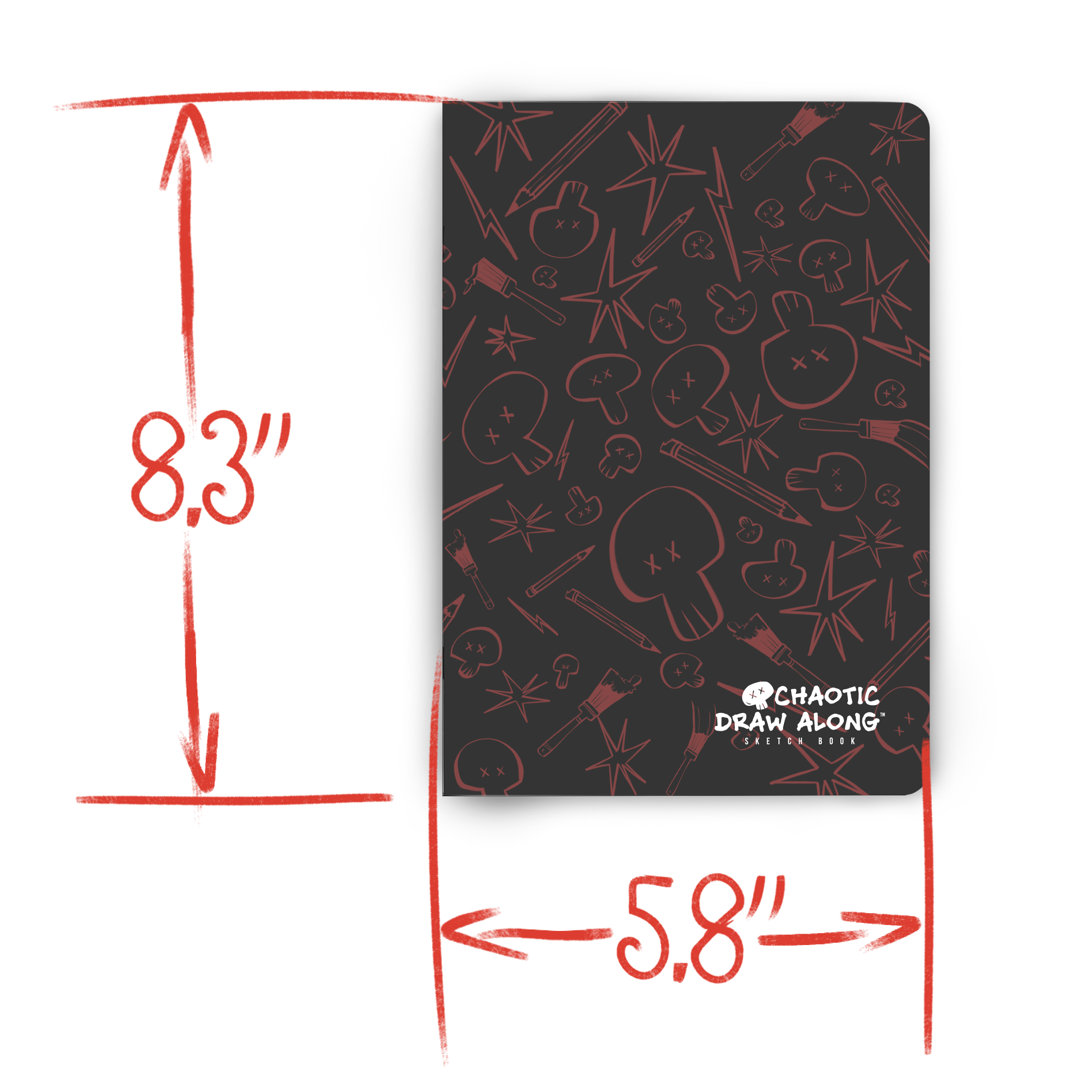 Chaotic Draw Along black sketchbook with hand-drawn measurement annotations showing 8.3 inches tall and 5.8 inches wide.