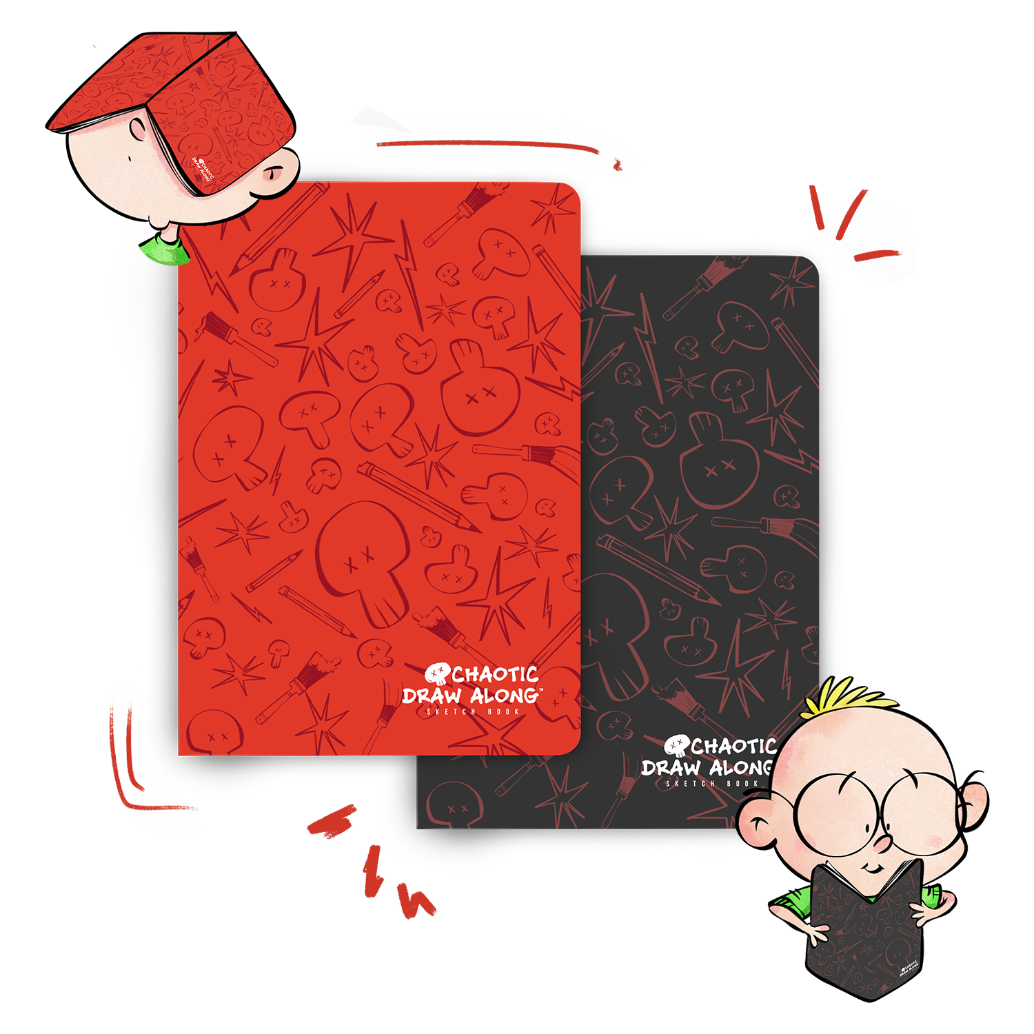 Hero image of the Chaotic Draw Along red and black sketchbooks, surrounded by playful cartoon characters holding and wearing the sketchbooks.