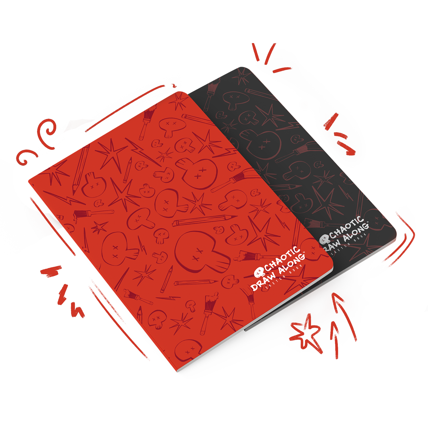Chaotic Draw Along red and black sketchbooks shown with playful doodles and dynamic arrows, emphasizing creativity and fun.