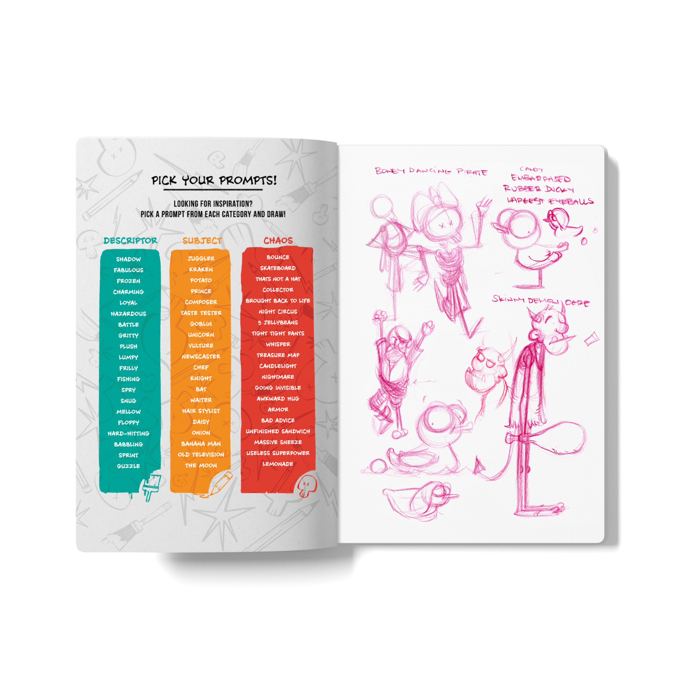 Open sketchbook with prompt list on the left and loose character concepts sketched in pink pencil on the right.