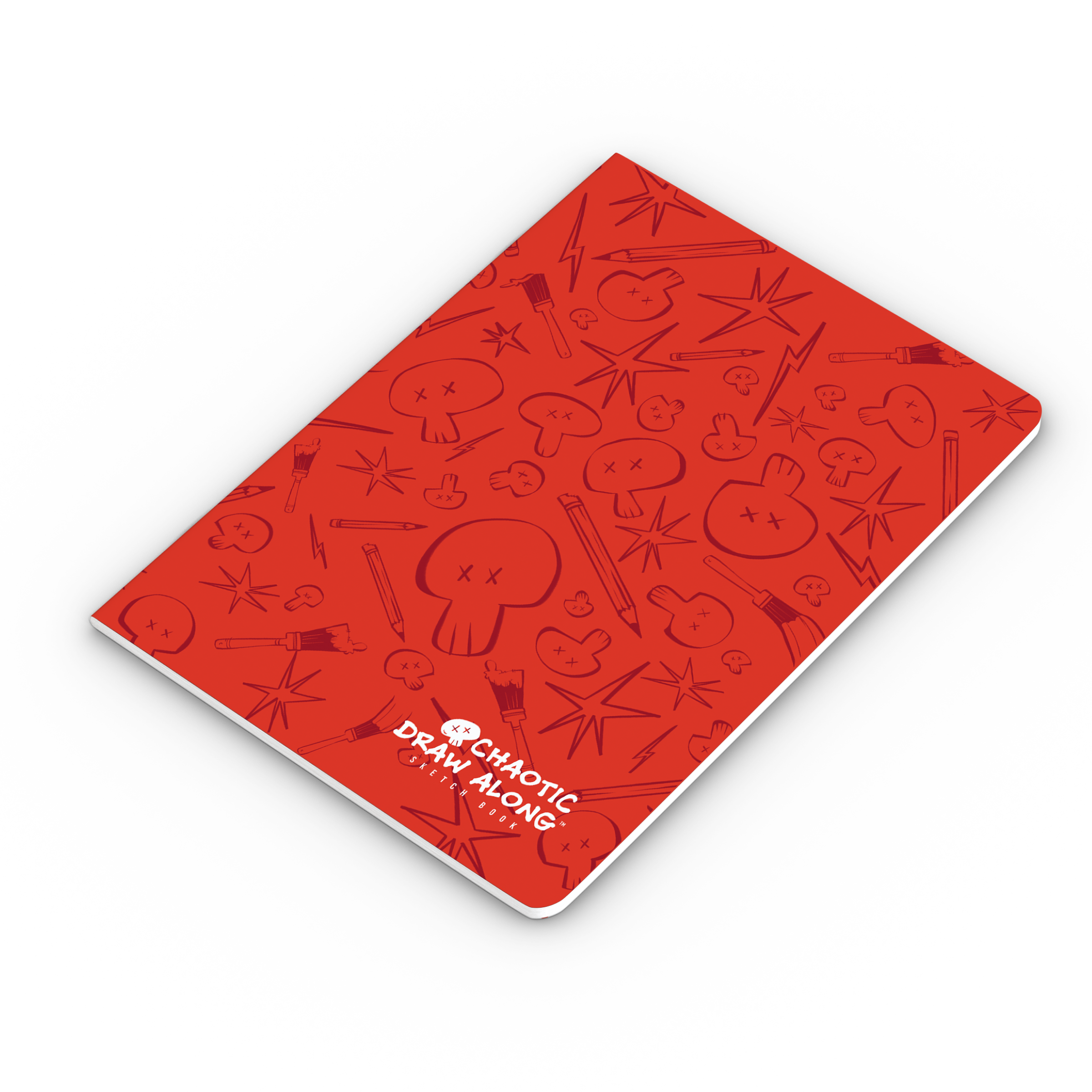 Red Chaotic Draw Along sketchbook cover with doodle-style icons and logo, displayed at an angle on a black background.