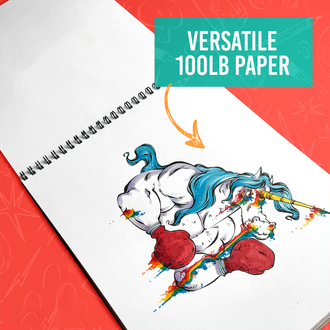 Sketchbook page featuring a full-color drawing of a muscular unicorn wearing boxing gloves, with the label "Versatile 100lb Paper."