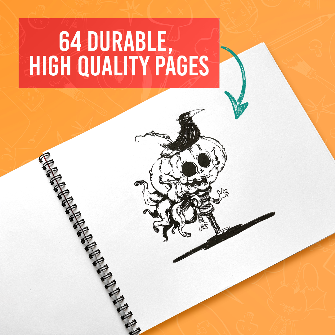 Open spiral-bound sketchbook showing a black ink drawing of a pumpkin-headed character with a crow on its head, captioned "64 Durable, High Quality Pages" on an orange background.