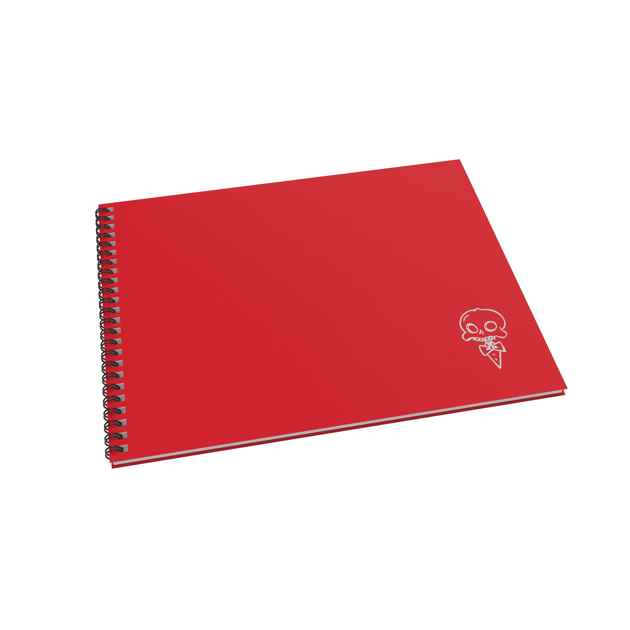 A sleek red sketchbook with a minimalistic design featuring a skull icon eating a slice of pizza on the bottom-right corner of the cover.