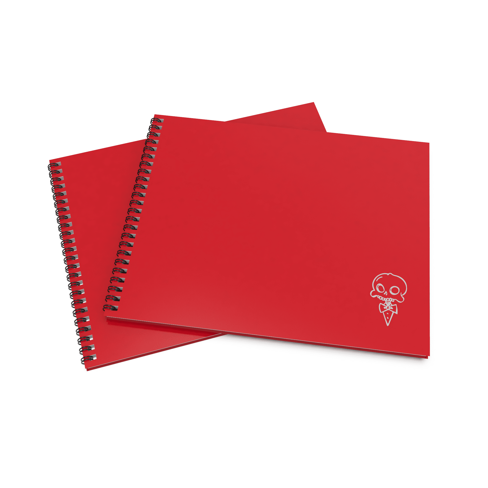 Two red sketchbooks stacked slightly askew, highlighting their vibrant covers and spiral binding with the skull eating pizza logo on each.