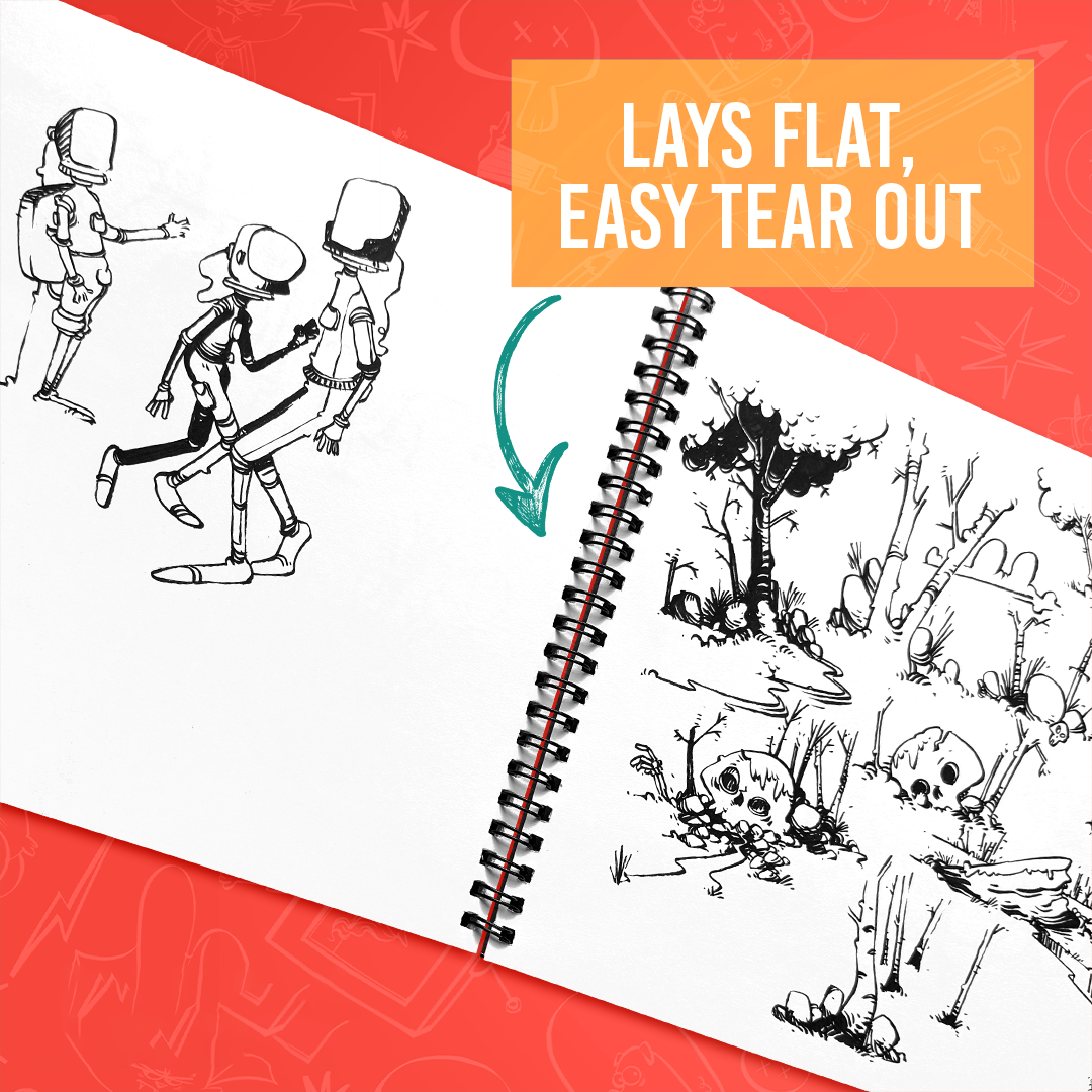 Open sketchbook showcasing robot and skeleton forest ink illustrations, accompanied by the text "Lays Flat, Easy Tear Out."