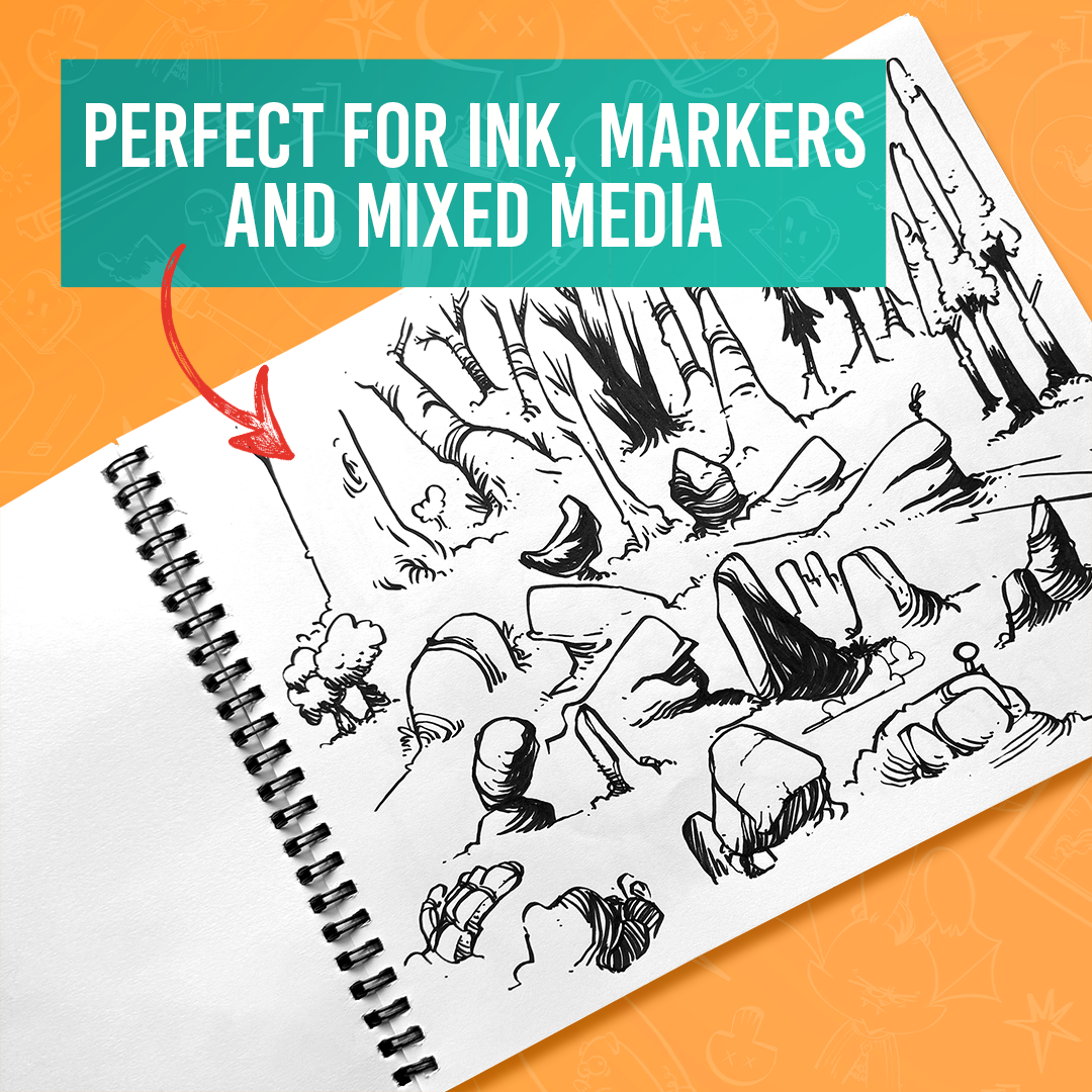 Sketchbook page filled with expressive black ink forest landscape drawings, highlighted with the text "Perfect for Ink, Markers and Mixed Media."