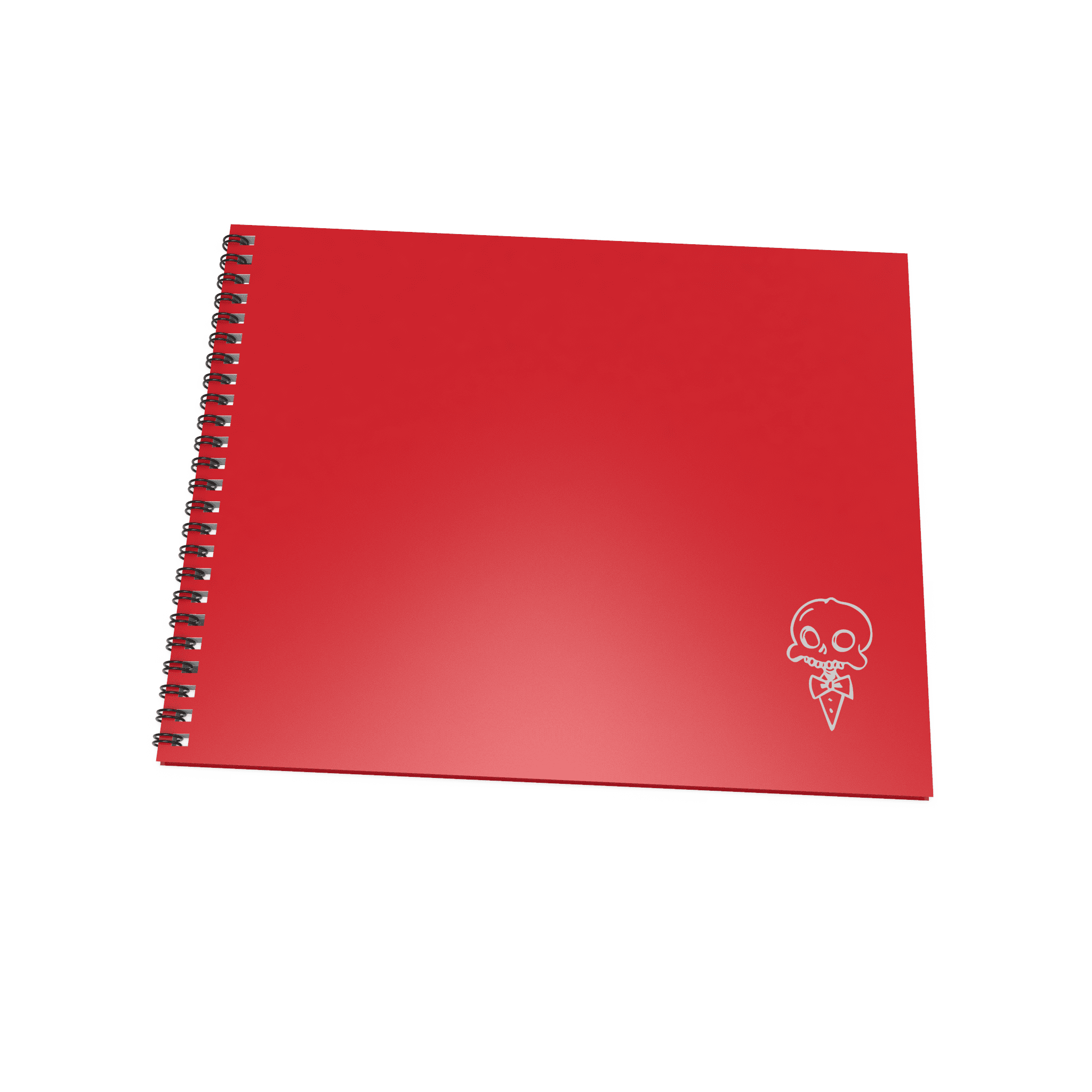 A closer look at a single red sketchbook showcasing its spiral binding and iconic skull eating pizza logo in white on the lower-right corner.