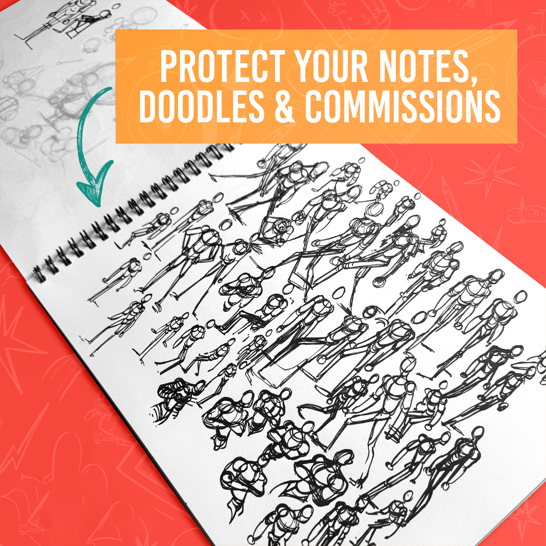 Sketchbook page filled with black ink gesture drawings of human figures in motion, captioned "Protect Your Notes, Doodles & Commissions."