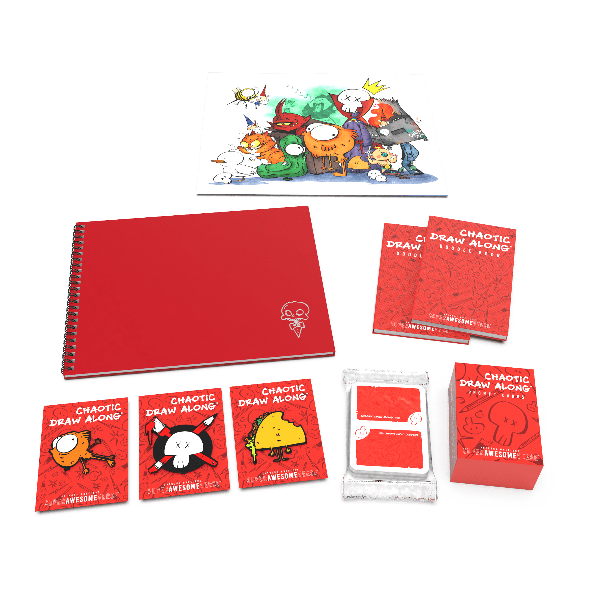 Super Awesome Chaos Pack featuring a red sketchbook, colorful Mega Print, doodle books, character cards, prompt cards, and booster cards, displayed in a comprehensive layout.