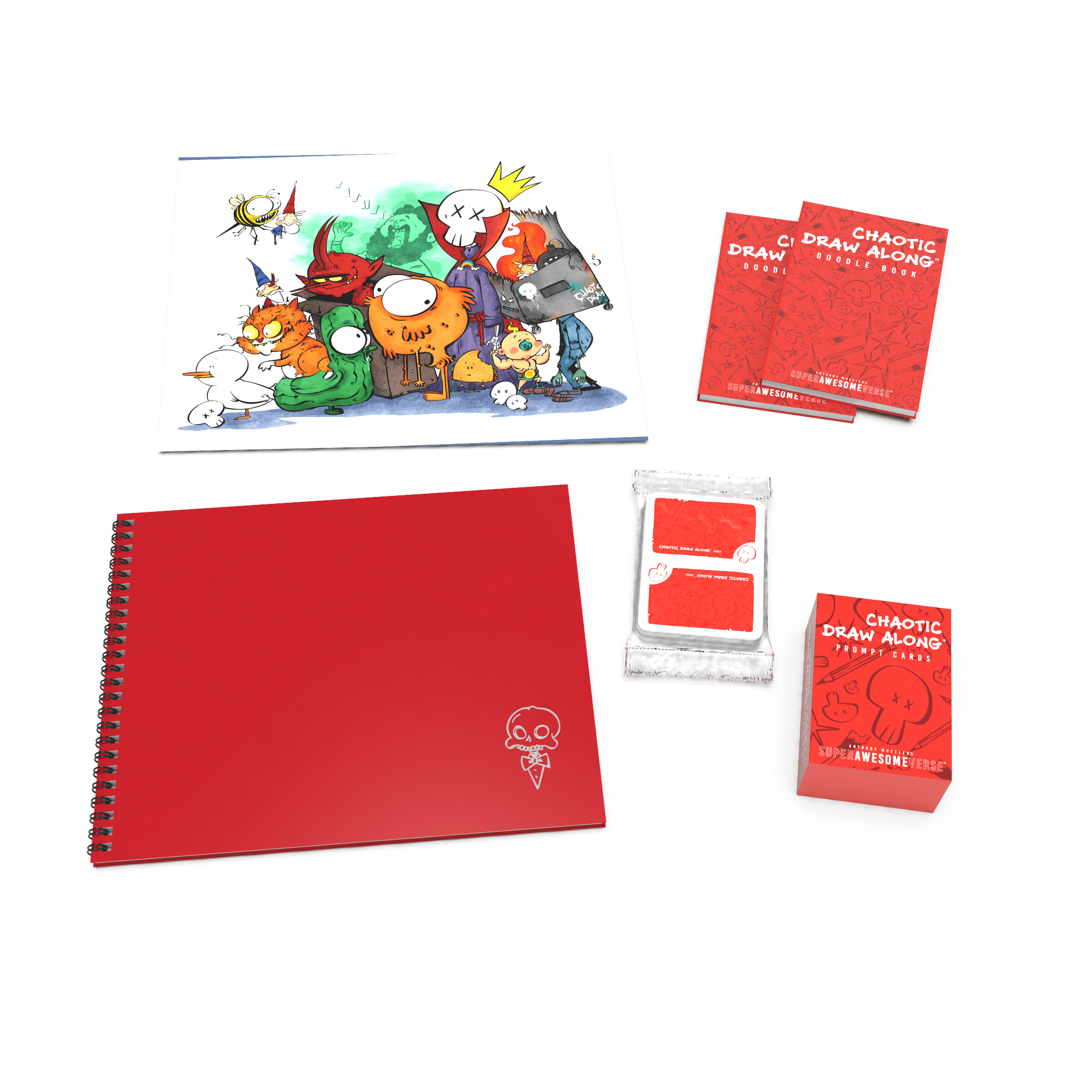 Deluxe Chaos Pack with an additional colorful Mega Print showcasing the characters, alongside a red sketchbook, doodle books, and prompt and booster cards.