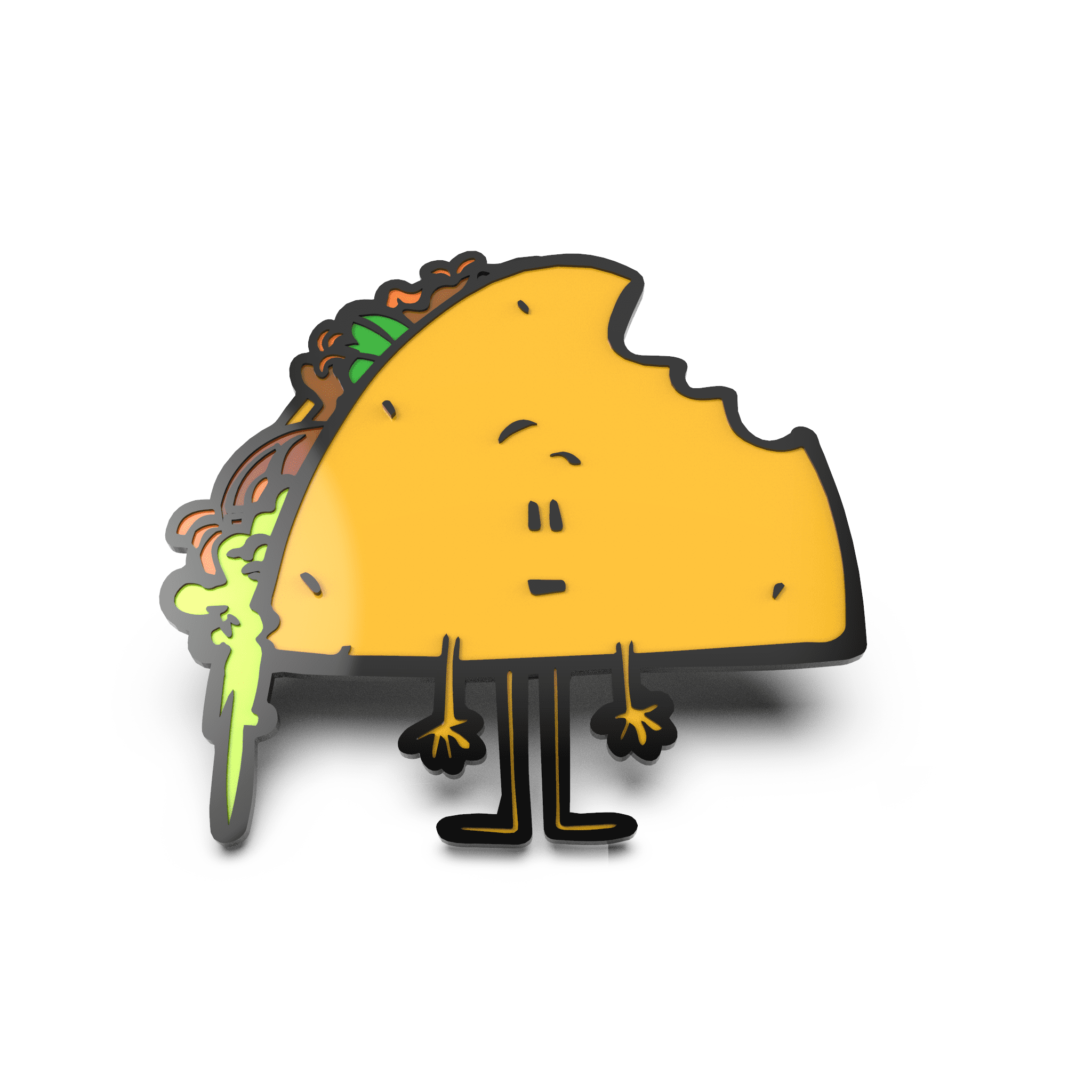 Angled side view of the Walking Taco enamel pin highlighting its humorous taco character and detailed design.