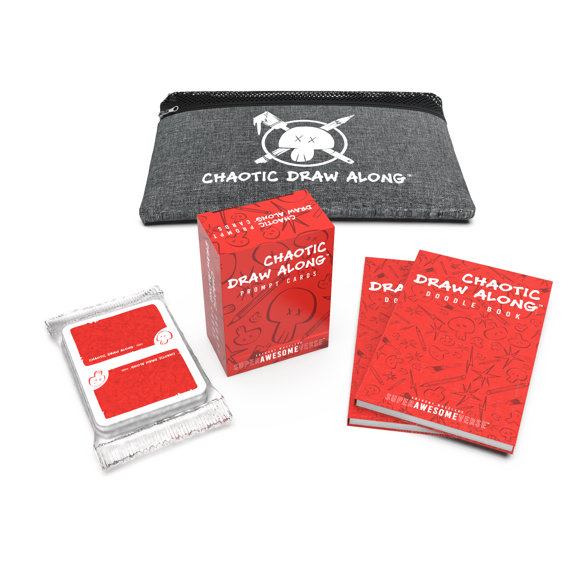 Travel Chaos Pack featuring a gray tote bag with the Chaotic Draw Along logo, prompt cards, doodle books, and booster cards arranged compactly.