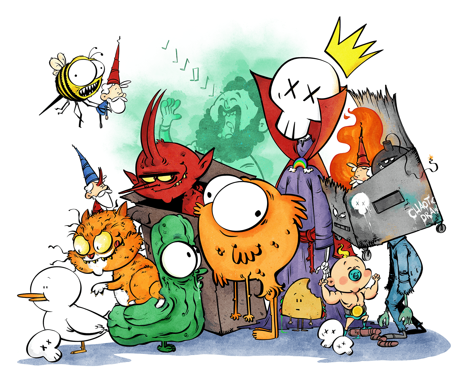 Colorful group illustration featuring whimsical characters, including a skull king with a crown, an orange bird, a mischievous cat, a green pickle, a red devil, and other quirky figures, all gathered in a lively scene.