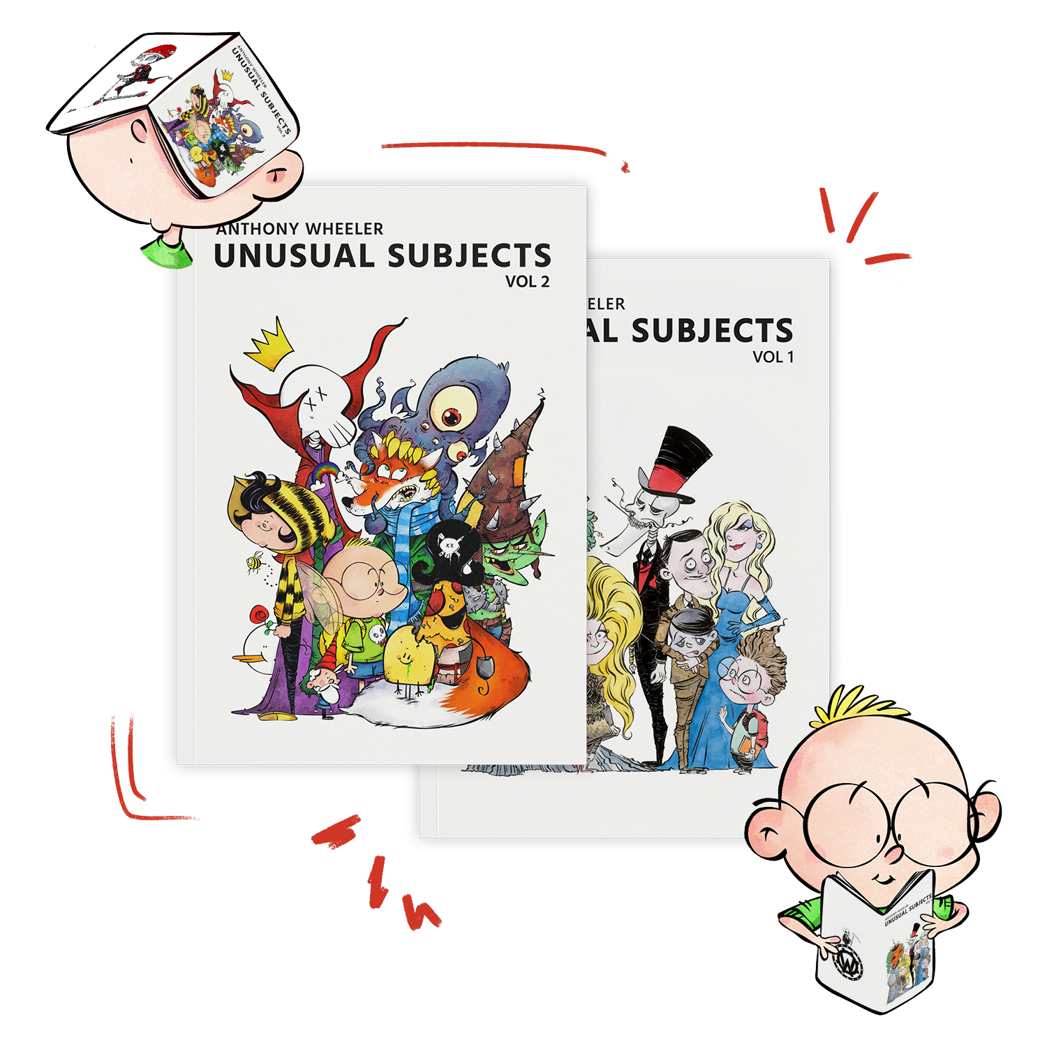 Chaotic Draw Along artbook hero image featuring Unusual Subjects Vol. 2 in front, Unusual Subjects Vol. 1 behind it, and playful Gil character illustrations around the books.