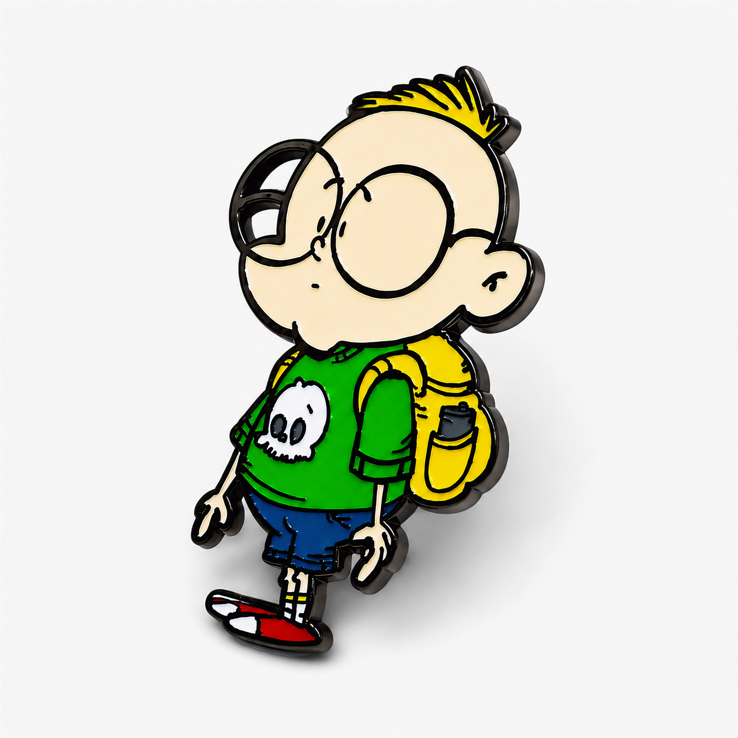 Close-up of the Chaotic Draw Along enamel pin character wearing glasses, a green shirt with a skull graphic, blue shorts, and a yellow backpack.