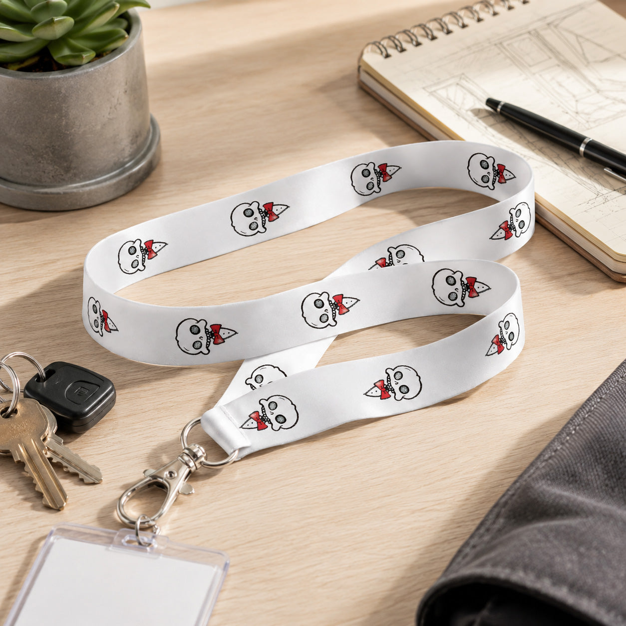 Wally white lanyard with repeating skelly bow tie pattern placed on a wooden desk with keys, badge holder, notebook, pen, and plant.