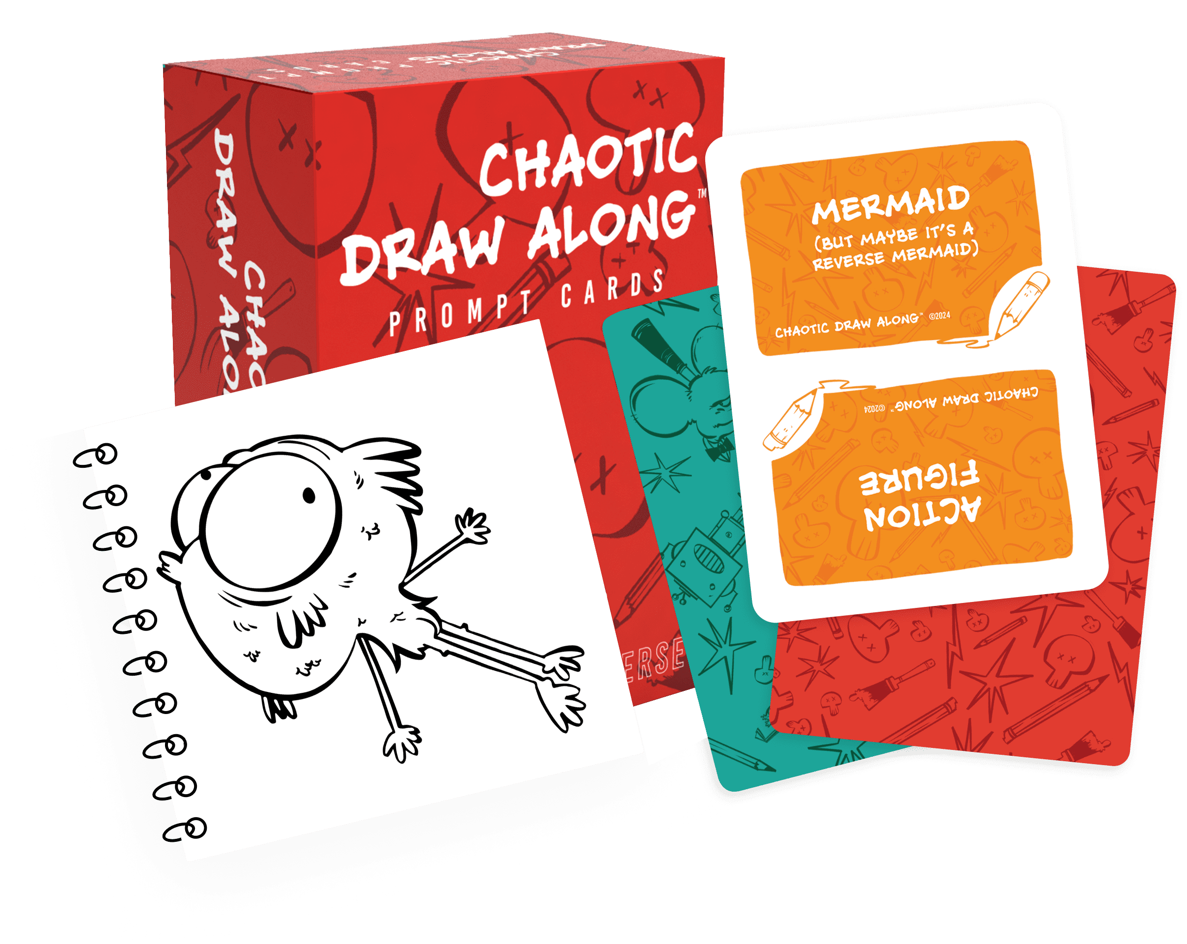 Image featuring Chaotic Draw Along prompt cards deck, three cards (two face down (green and red) and Yellow with Mermaid prompt on it) and a sketch of a reversed mermaid.