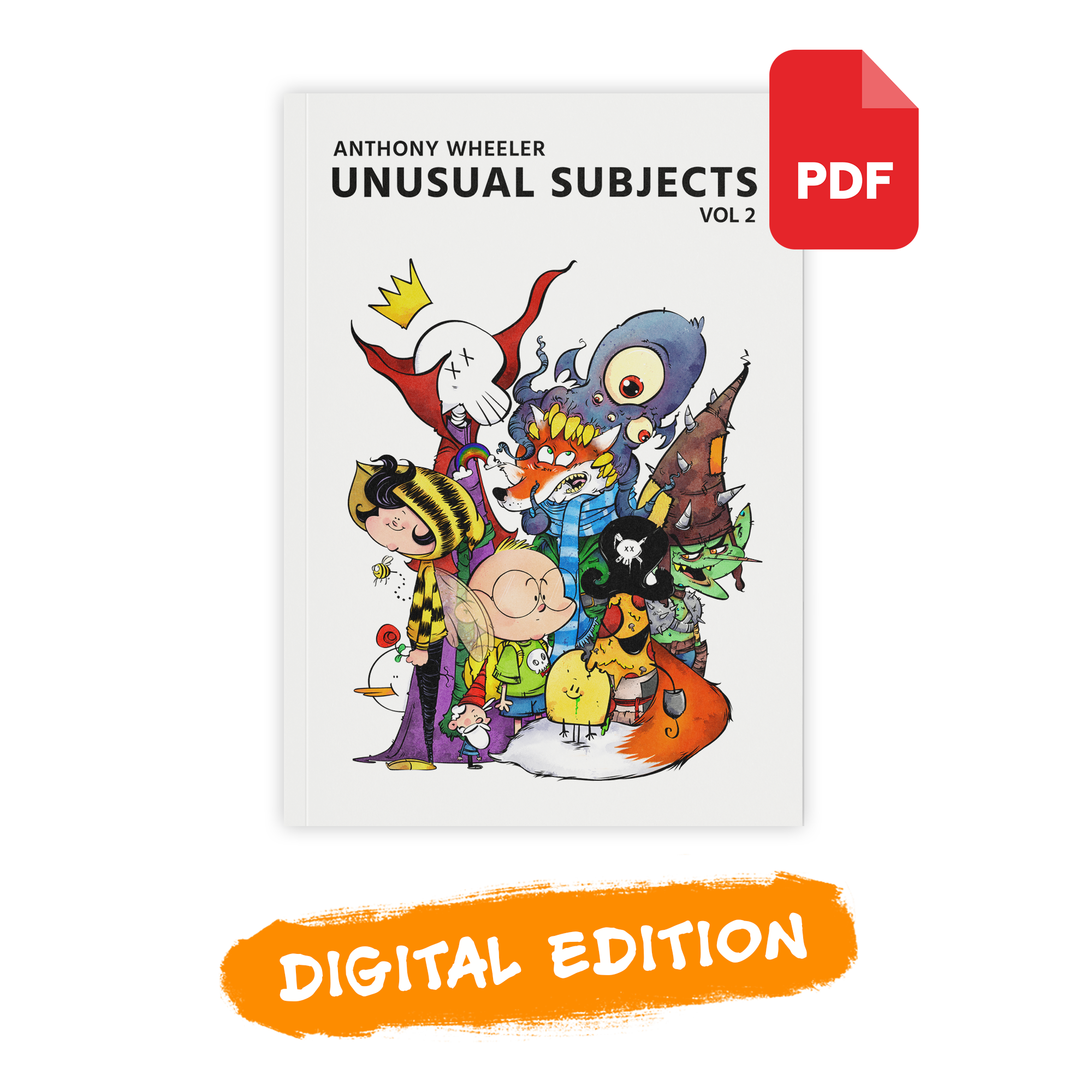 Digital PDF version of Unusual Subjects Vol. 2 by Anthony Wheeler featuring colorful illustrated character cover art and PDF icon.